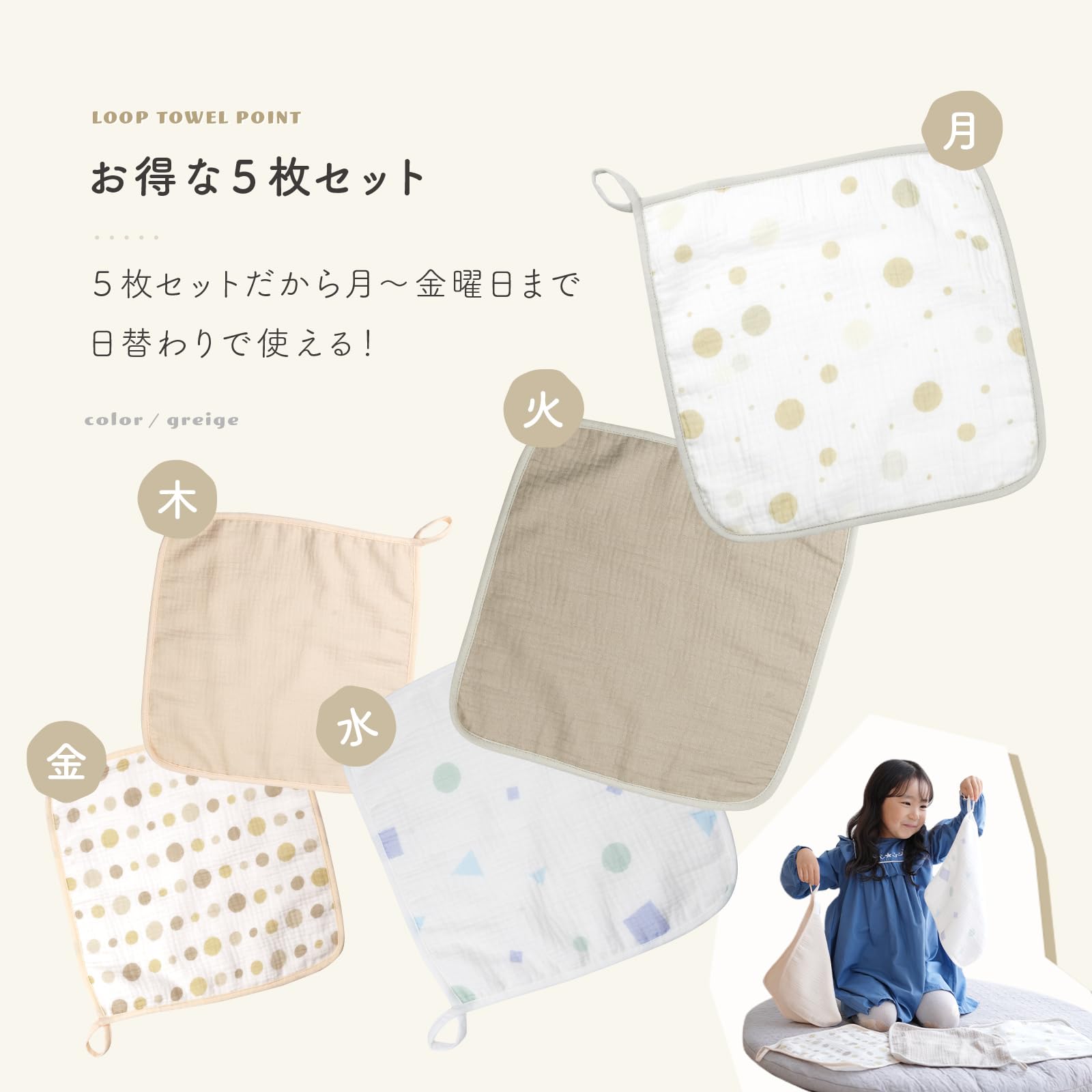 Amazon.co.jp: tecopeco ループタオル 5枚組 30cm×30cm 名前タグ付き